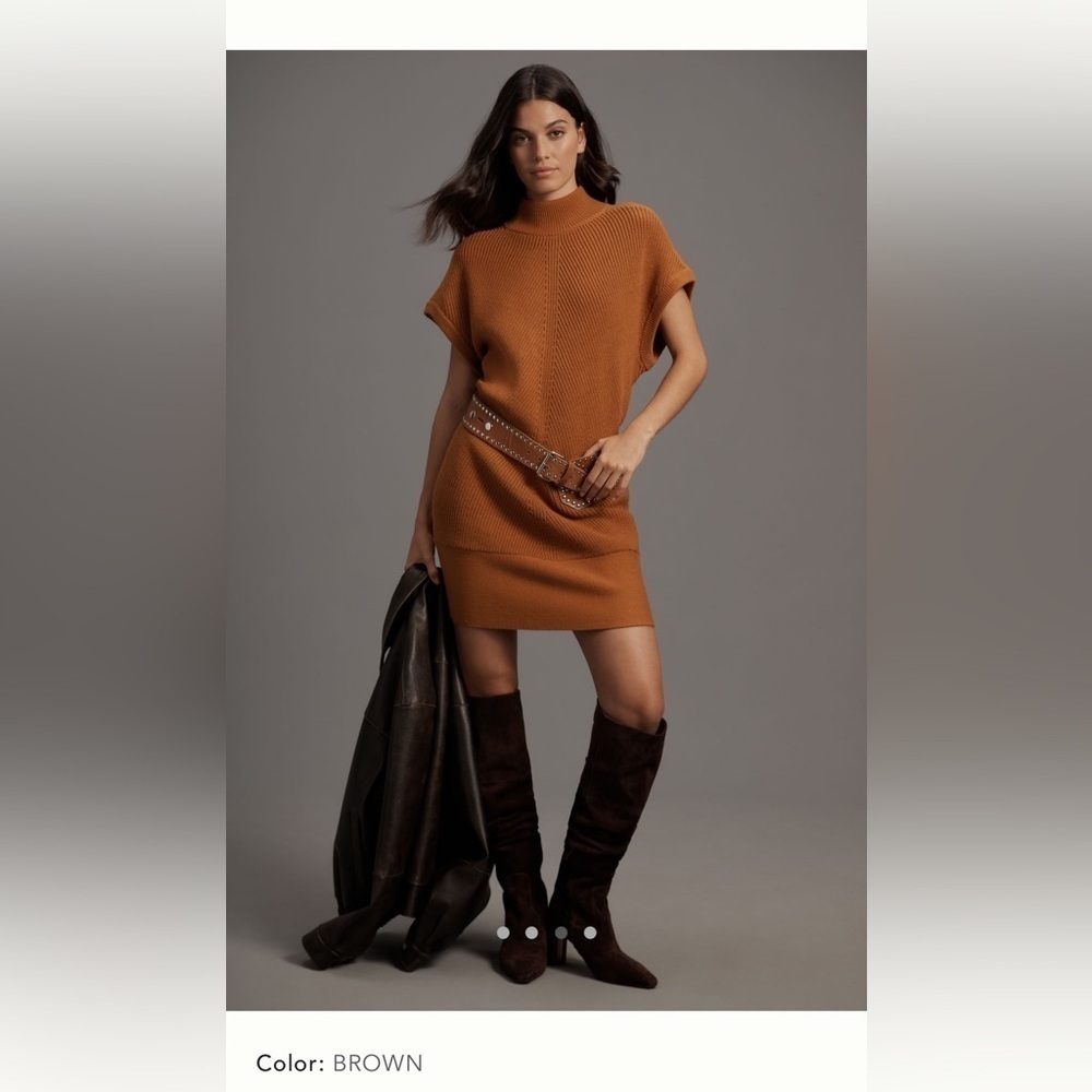 NWT new Anthropologie medium fits large  mock neck sweater mini dress brown - Picture 12 of 16
